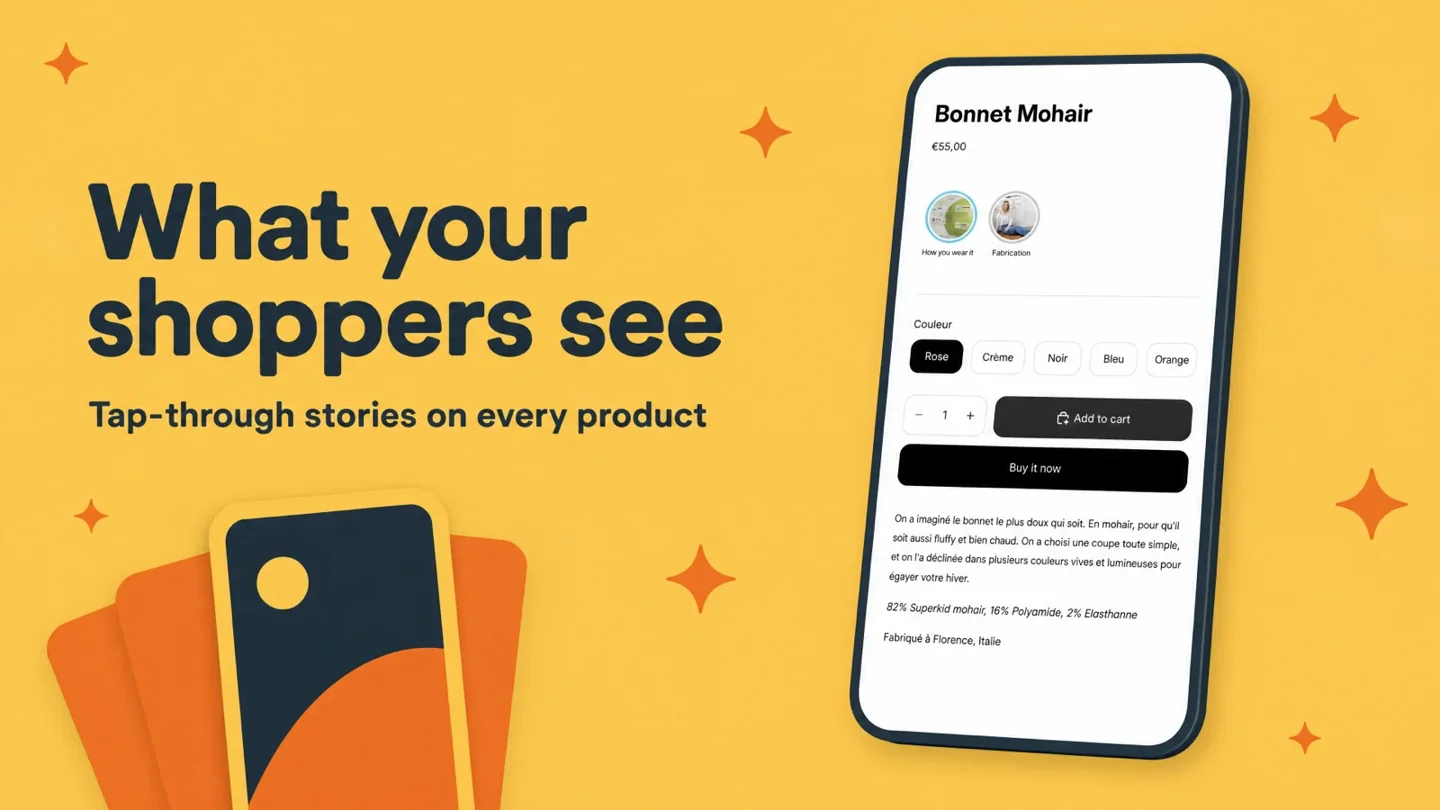Storiq story bubbles on a Shopify product page on mobile, above the variant picker and add to cart button