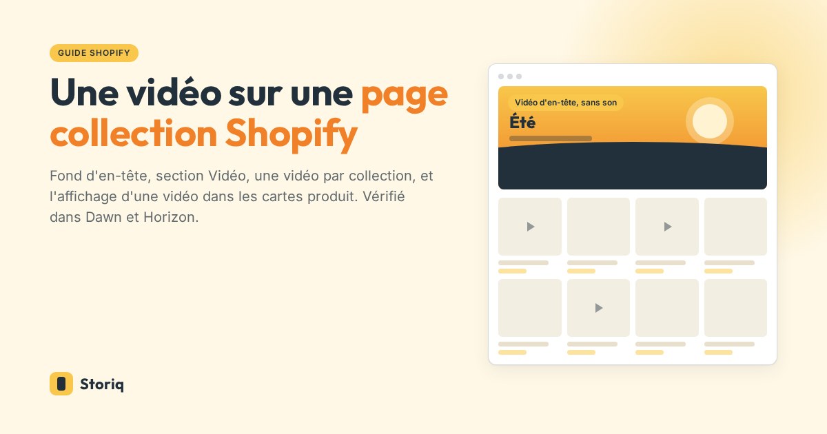 Maquette d'une page collection Shopify avec une vidéo muette en lecture dans l'en-tête de collection, au-dessus d'une grille de cartes produit