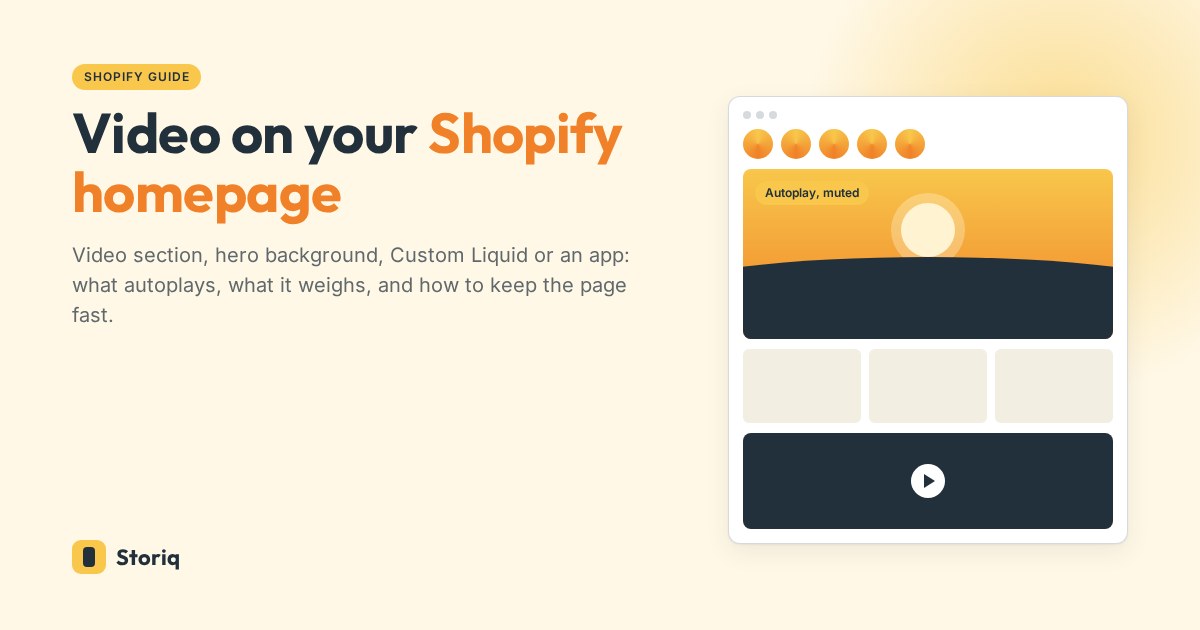 Wireframe of a Shopify home page with a muted autoplay video in the hero and a click-to-play video section further down