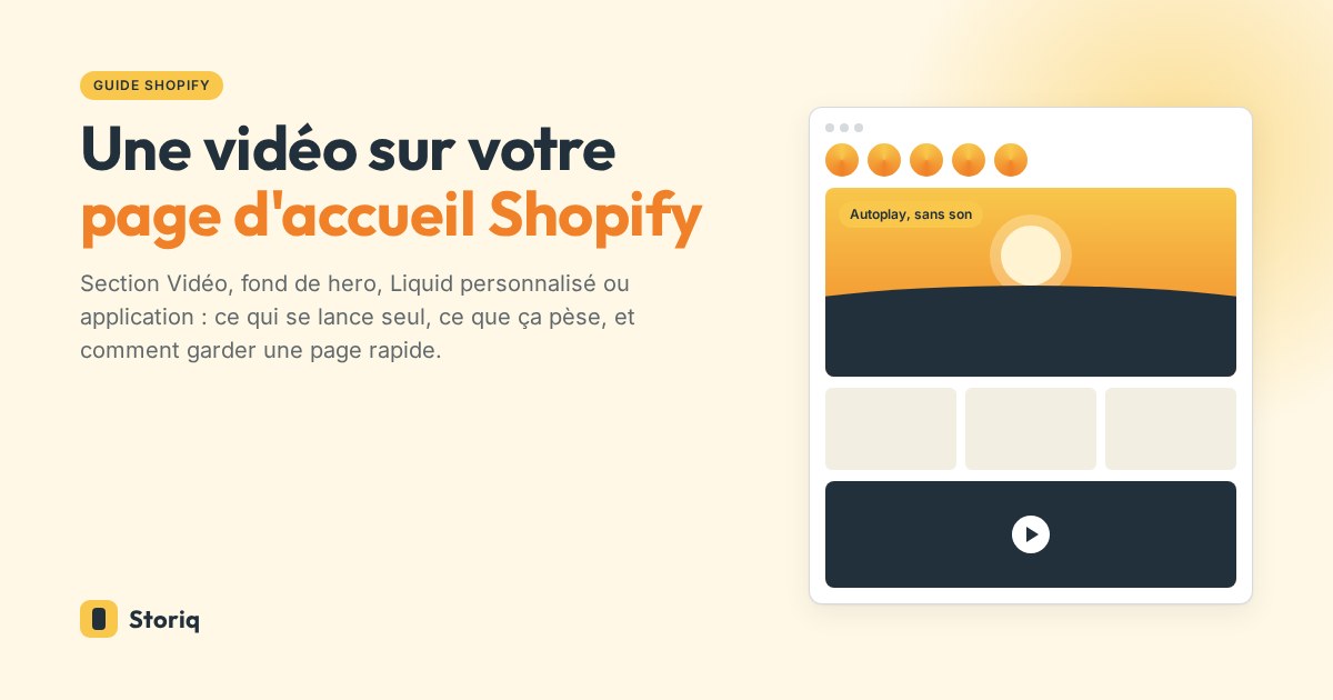 Maquette d'une page d'accueil Shopify avec une vidéo muette en lecture automatique dans le hero et une section vidéo à lancer d'un clic plus bas