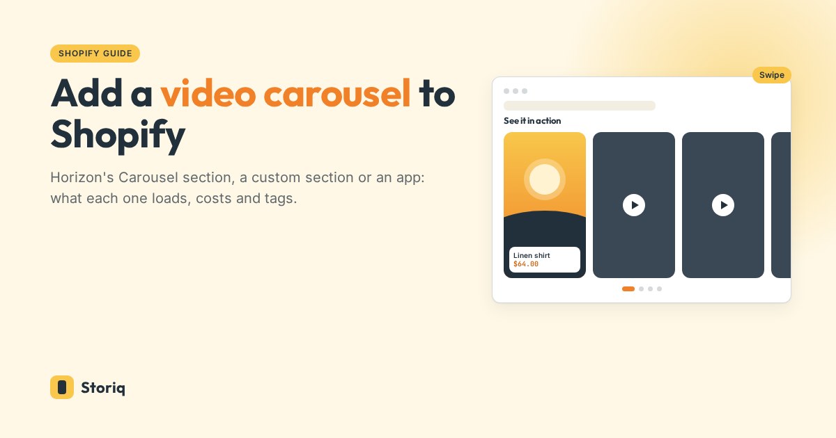 Wireframe of a Shopify page with a row of vertical video cards that swipe sideways, one of them playing