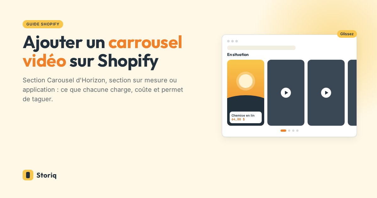 Maquette d'une page Shopify avec une rangée de cartes vidéo verticales qui défilent sur le côté, dont une en cours de lecture
