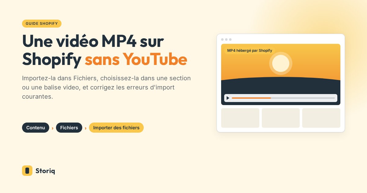 Maquette d'une page Shopify qui lit un MP4 hébergé par la boutique dans un lecteur simple, à côté du chemin Contenu, Fichiers, Importer des fichiers
