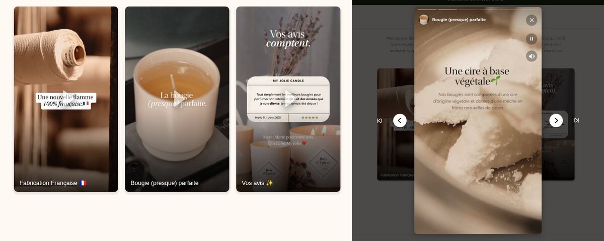 My Jolie Candle home page brand stories in a full-screen story player