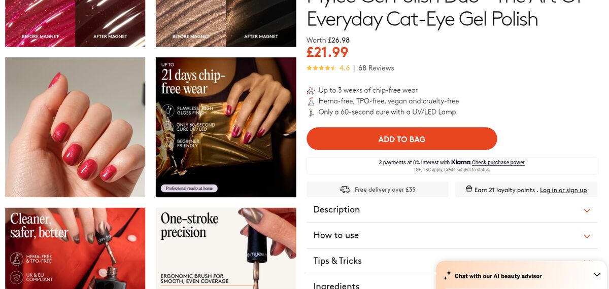 Mylee product page with a looping video used as a tile in the image grid