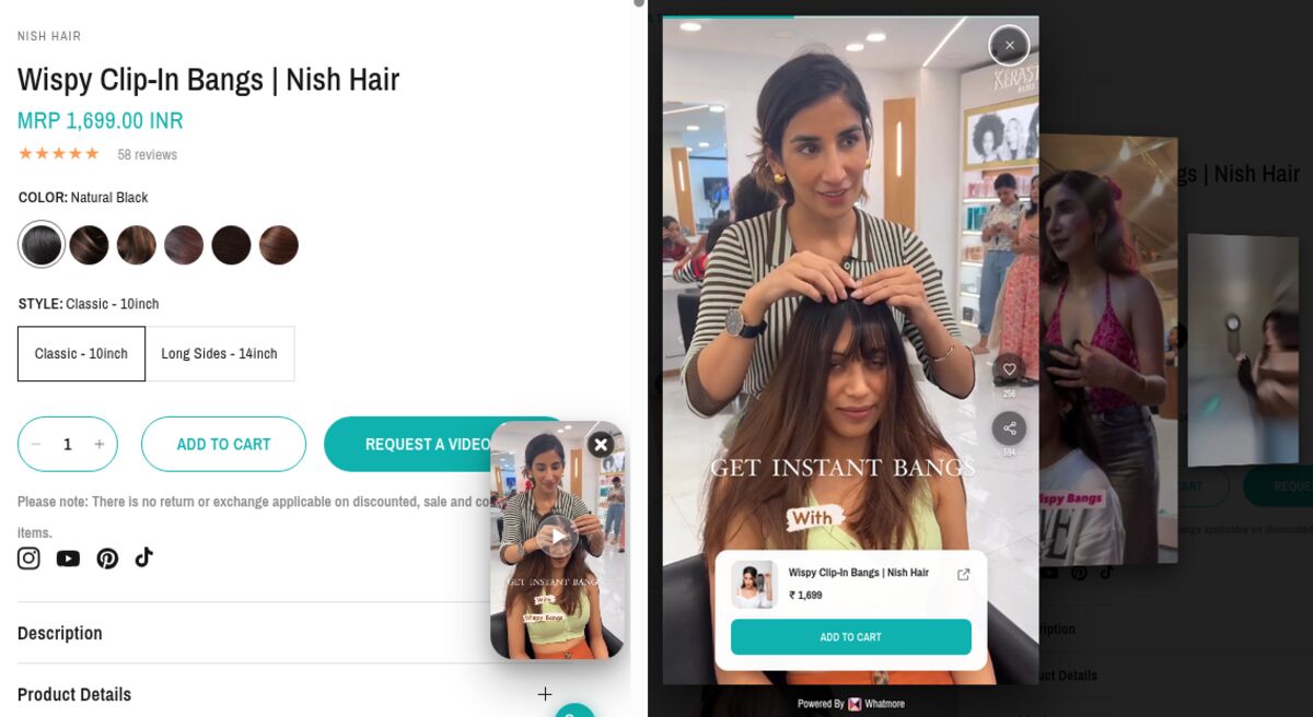 Nish Hair product page with a floating video bubble in the corner, and the story player with an add to cart button