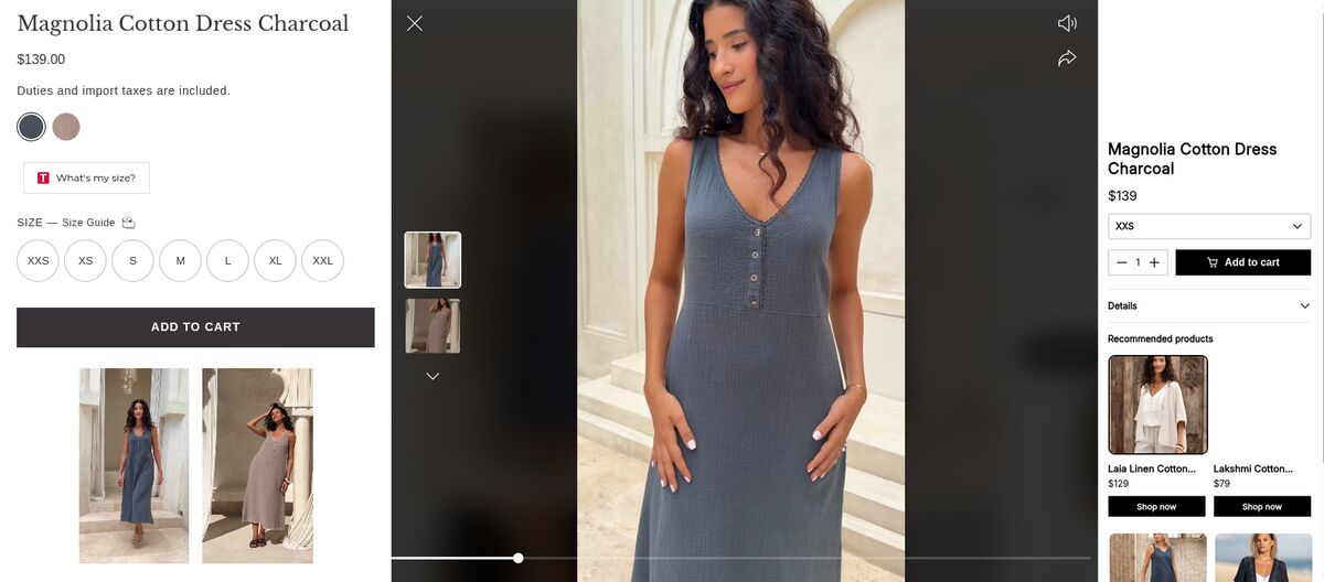Nomad the Label product page with two video tiles under the add to cart button, and the full-screen player with a buy panel on the right