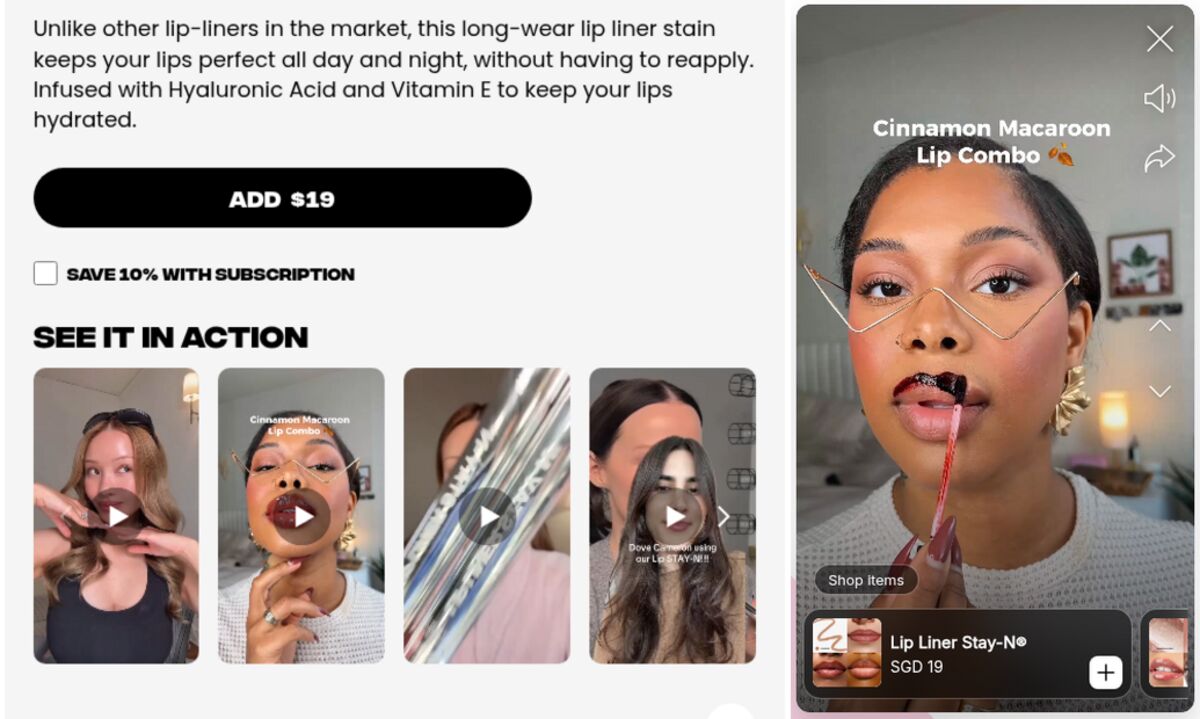 Sacheu product page: a row of shoppable video tiles under the add to cart button, and the player open with a product card