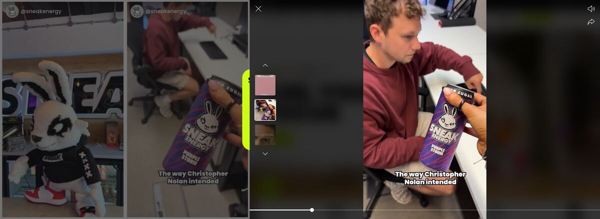 SNEAK Energy home page grid of creator videos, and the full-screen player showing a can with no product card