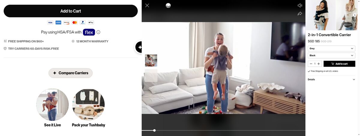 Tushbaby product page with two round story bubbles, and the full-screen player showing a baby carrier with variant selectors