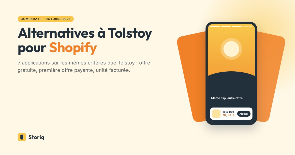 Alternatives à Tolstoy pour Shopify, avec un téléphone affichant une slide de story et une carte produit
