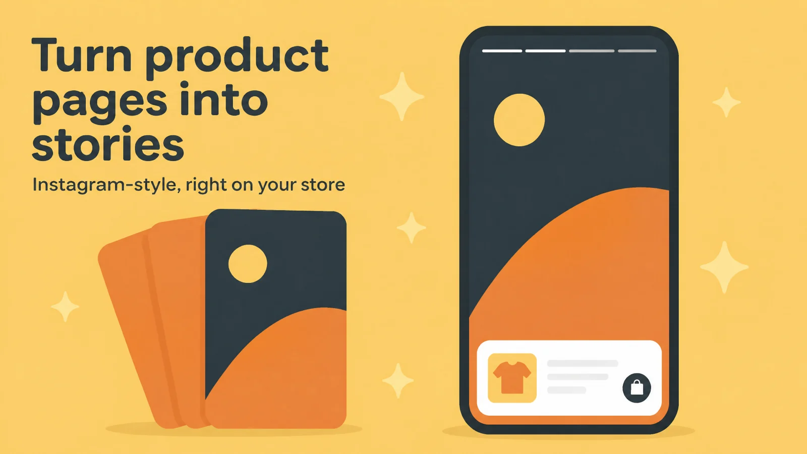 Storiq App Store image: a product page story with a tappable product card on a phone