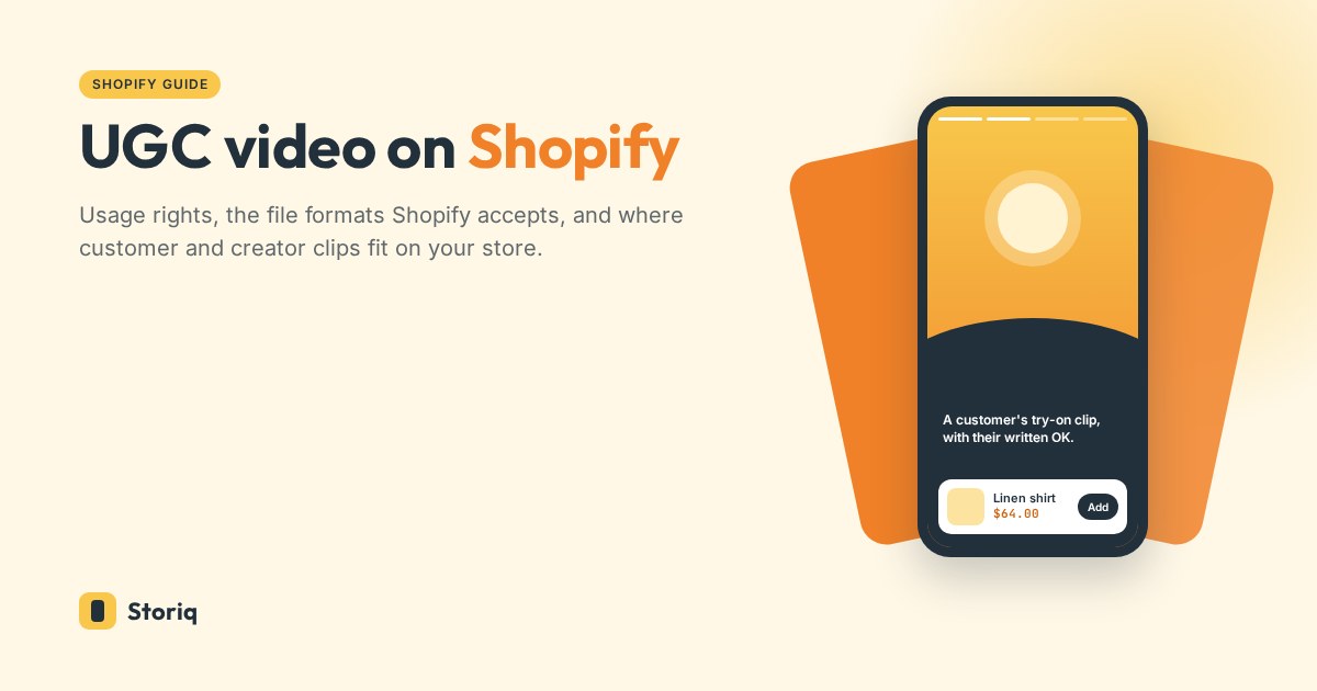 UGC video on Shopify: a phone playing a customer clip with a product card, next to fanned story cards