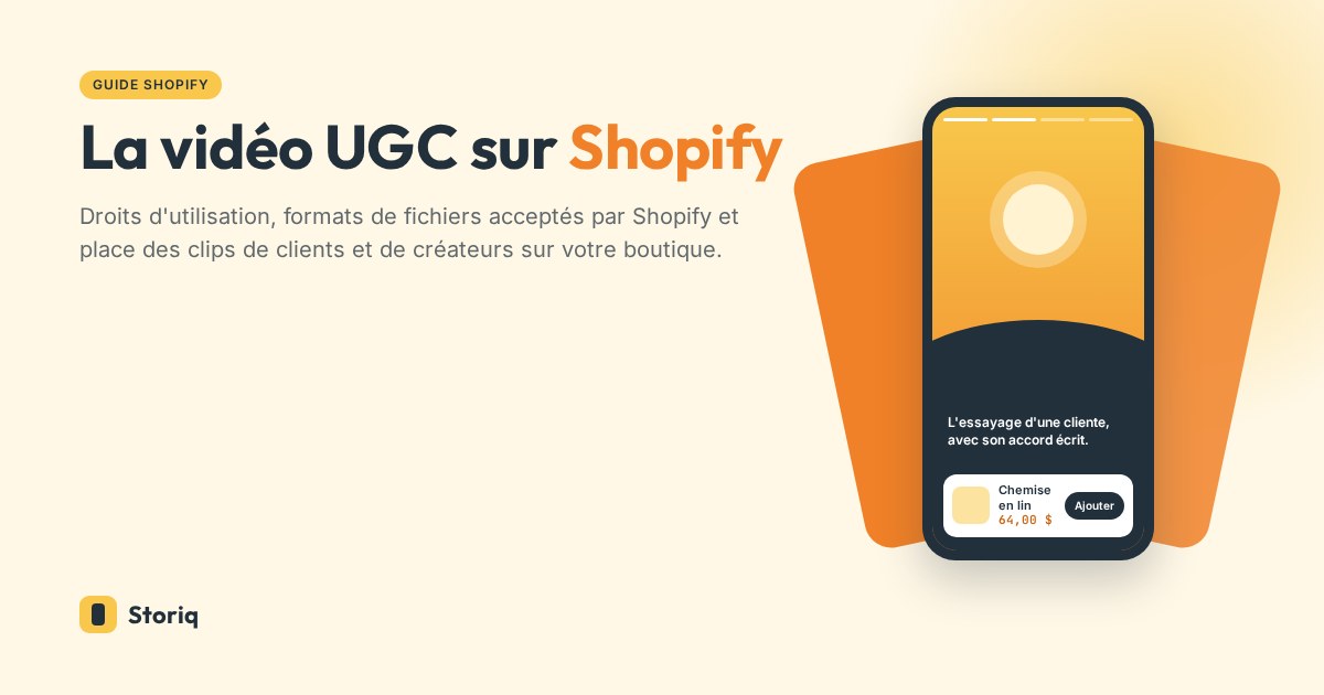 Vidéo UGC sur Shopify : un téléphone qui lit le clip d'une cliente avec une carte produit, à côté de cartes de stories en éventail