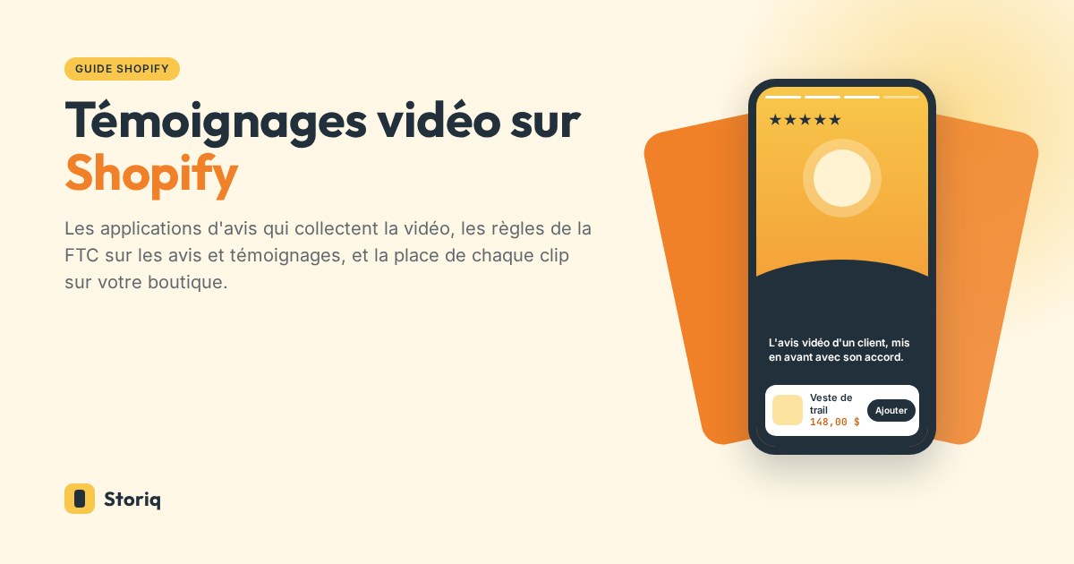 Témoignages vidéo sur Shopify : un téléphone qui lit l'avis vidéo d'un client avec une note en étoiles et une carte produit, à côté de cartes de stories en éventail