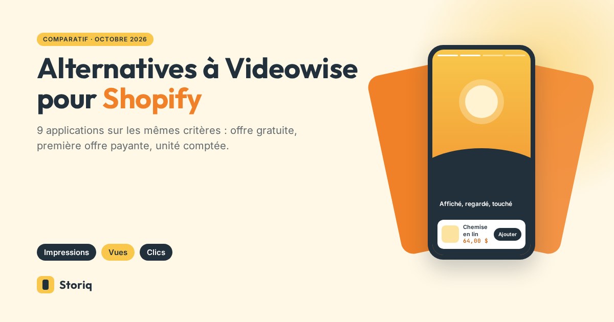 Alternatives à Videowise pour Shopify, avec un téléphone affichant une slide de story et une carte produit